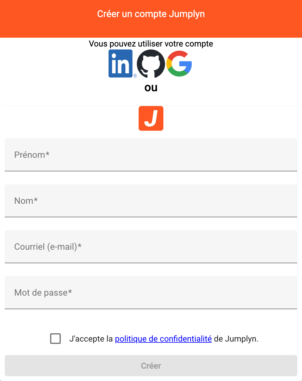 Formulaire de création de compte
