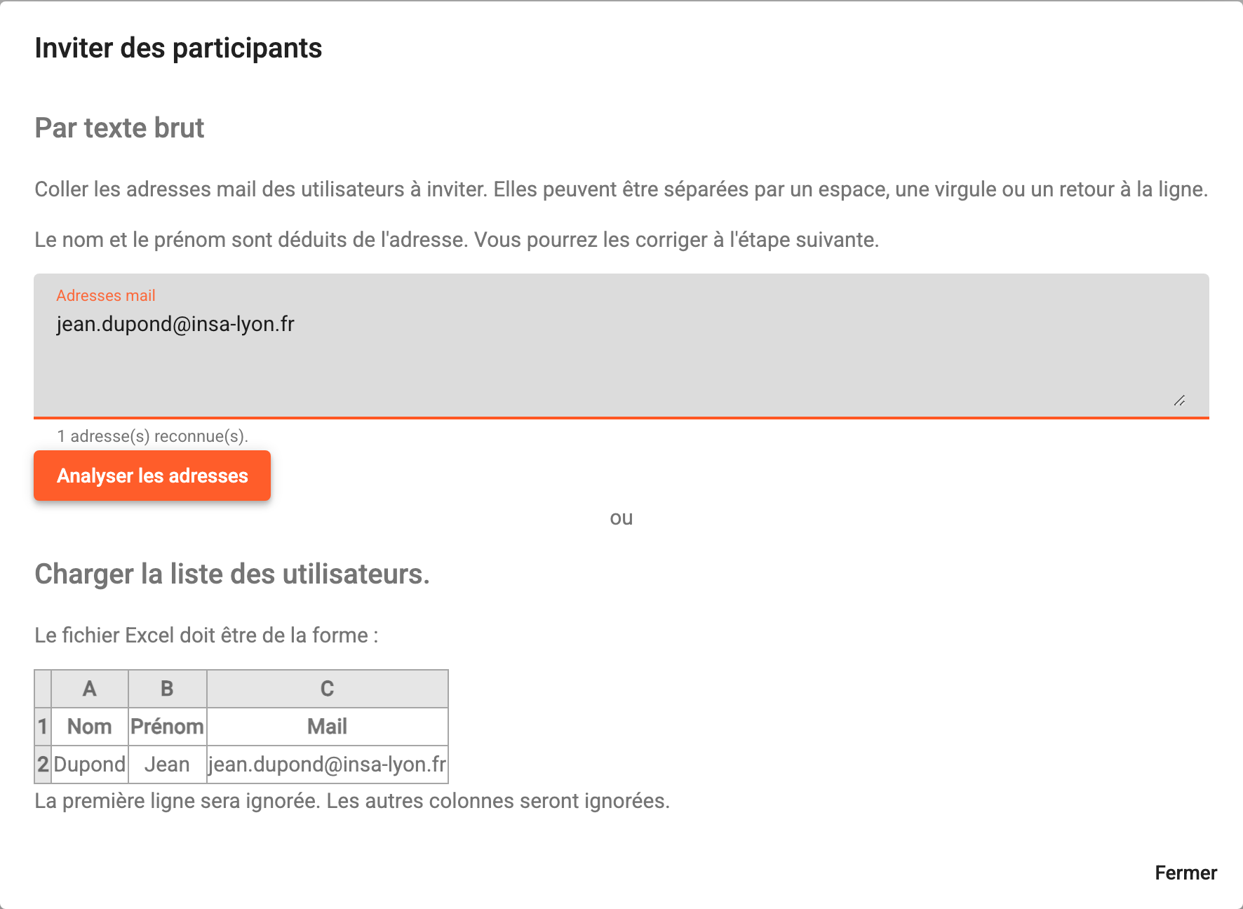 La fenêtre d'invitation de participants