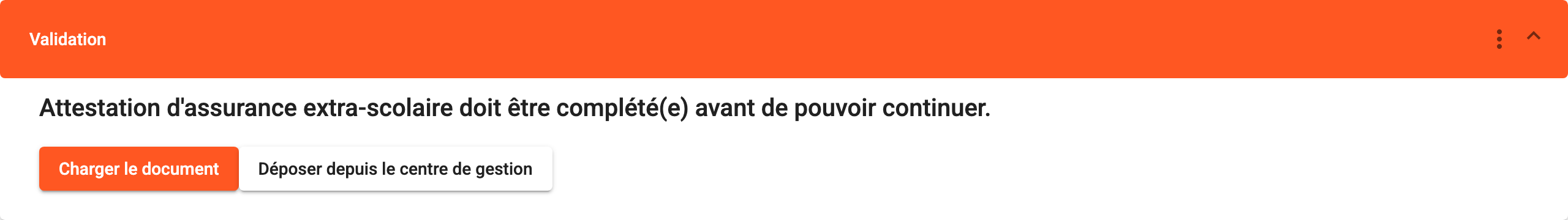 Une étape bloquée par un document manquant, et ses deux boutons