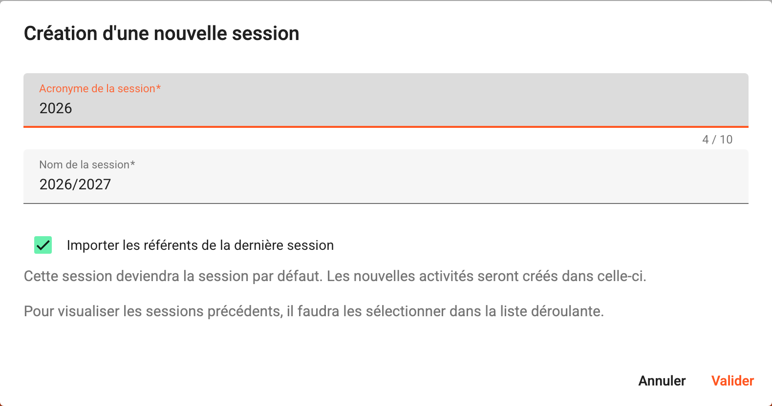 La fenêtre de création d'une nouvelle session